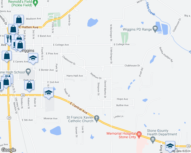 map of restaurants, bars, coffee shops, grocery stores, and more near 532 South McGregor Street in Wiggins