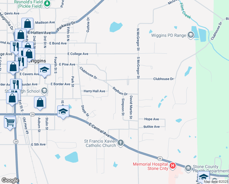 map of restaurants, bars, coffee shops, grocery stores, and more near 532 South McGregor Street in Wiggins