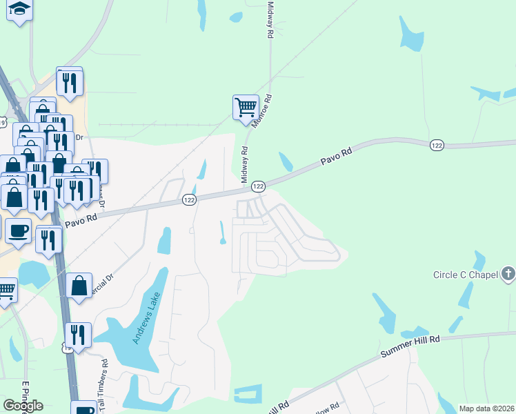 map of restaurants, bars, coffee shops, grocery stores, and more near 105 Madison Grove Boulevard in Thomasville