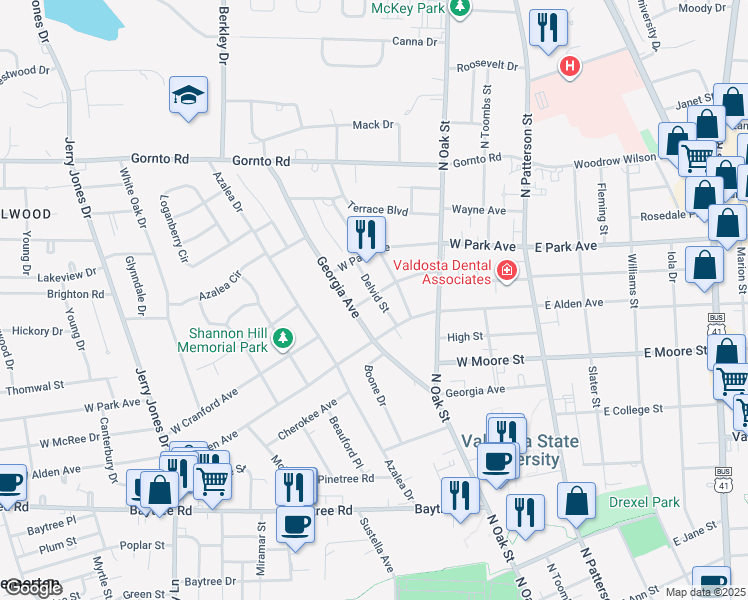map of restaurants, bars, coffee shops, grocery stores, and more near 2014 Delvid Street in Valdosta