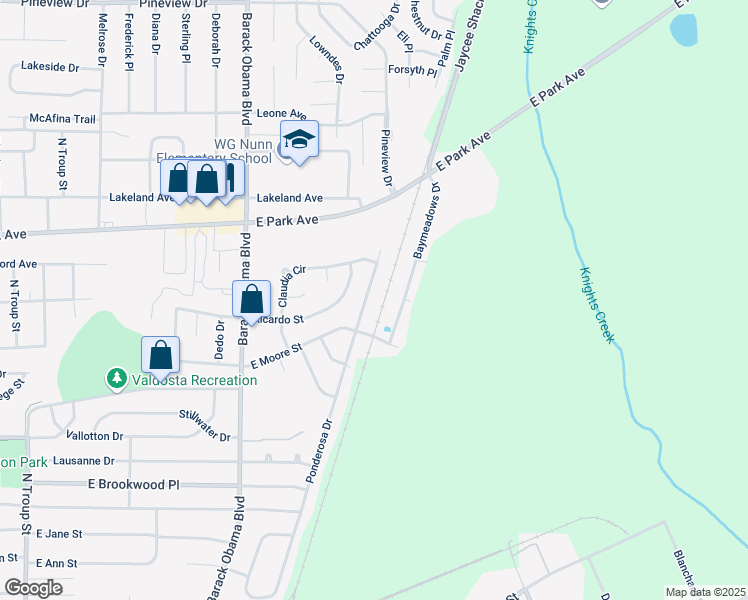 map of restaurants, bars, coffee shops, grocery stores, and more near 1309B Ponderosa Drive in Valdosta