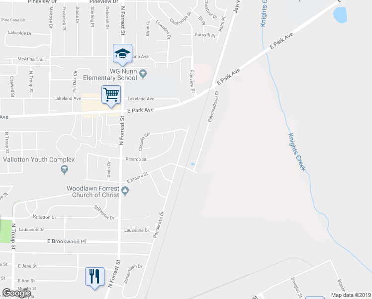 map of restaurants, bars, coffee shops, grocery stores, and more near 1309B Ponderosa Drive in Valdosta