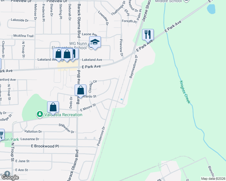 map of restaurants, bars, coffee shops, grocery stores, and more near 1315 Ponderosa Drive in Valdosta