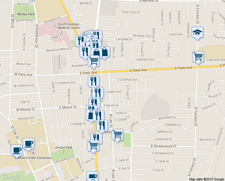 map of restaurants, bars, coffee shops, grocery stores, and more near 1801 North Lee Street in Valdosta