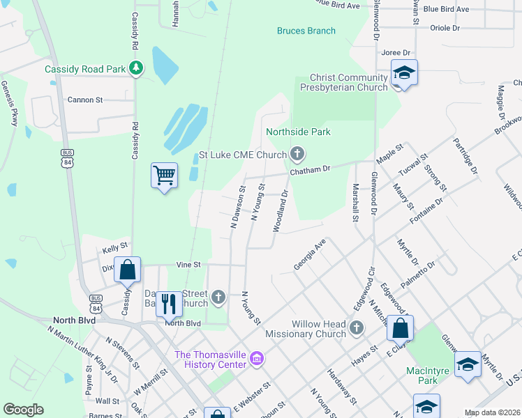 map of restaurants, bars, coffee shops, grocery stores, and more near 137 Woodland Drive in Thomasville
