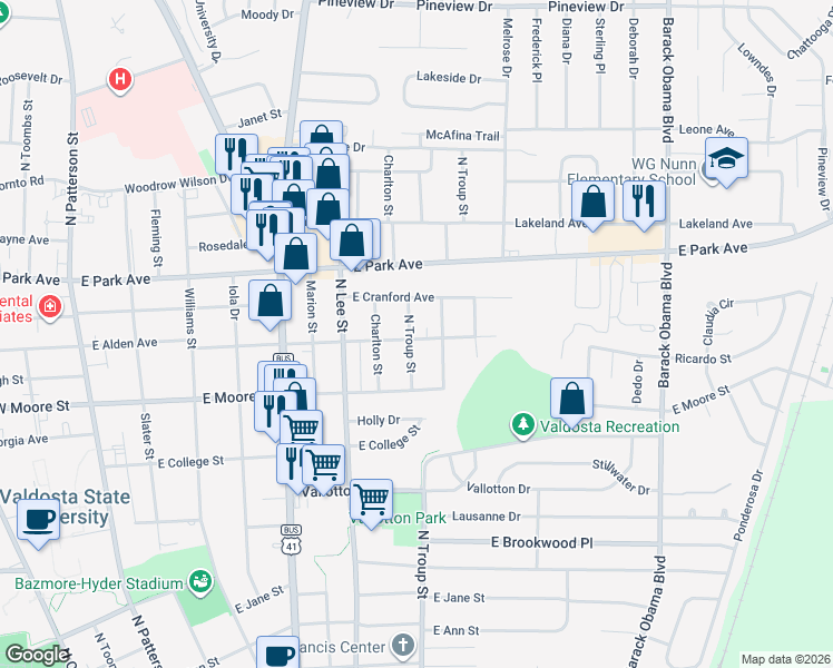 map of restaurants, bars, coffee shops, grocery stores, and more near 1805 North Troup Street in Valdosta