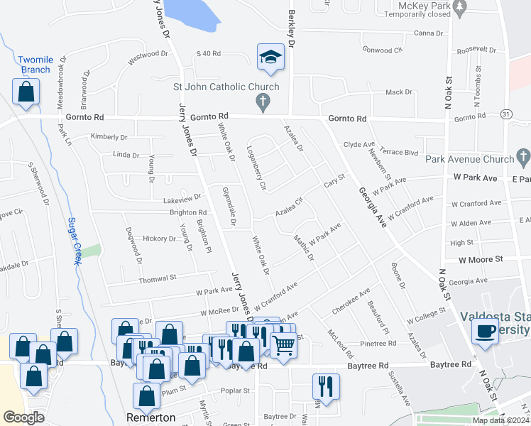 map of restaurants, bars, coffee shops, grocery stores, and more near 718 Azalea Circle in Valdosta
