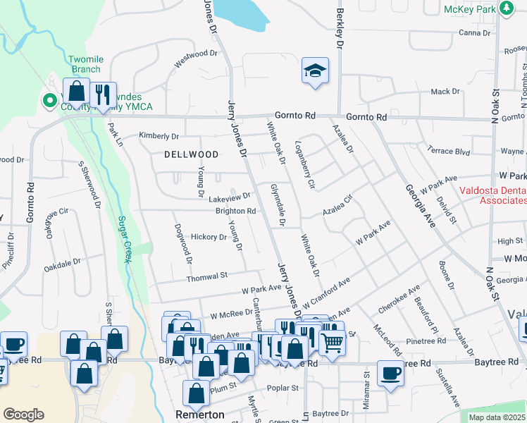 map of restaurants, bars, coffee shops, grocery stores, and more near 2208 Jerry Jones Drive in Valdosta