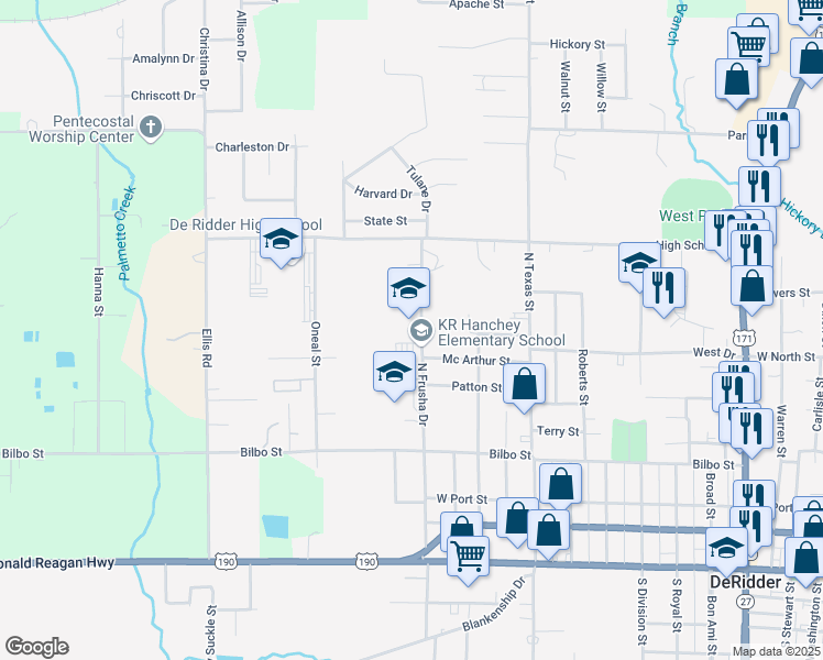 map of restaurants, bars, coffee shops, grocery stores, and more near 611 North Frusha Drive in DeRidder