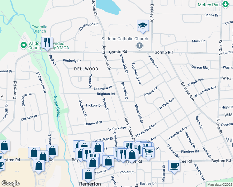 map of restaurants, bars, coffee shops, grocery stores, and more near 2208 Jerry Jones Drive in Valdosta