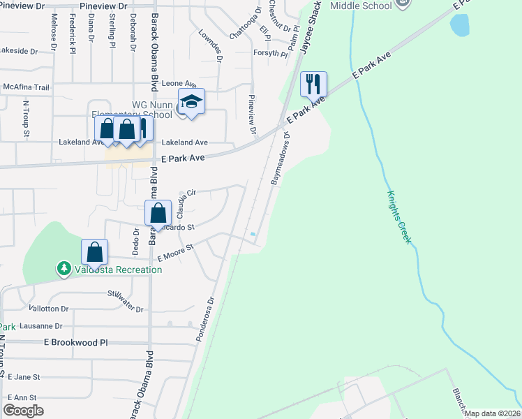 map of restaurants, bars, coffee shops, grocery stores, and more near 1402 Baymeadows Drive in Valdosta