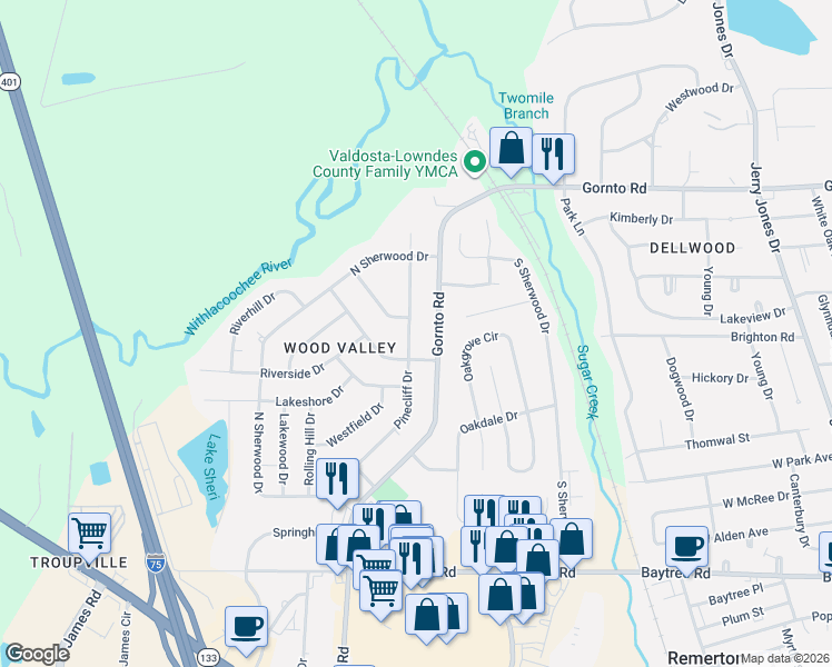 map of restaurants, bars, coffee shops, grocery stores, and more near 2204 Pinecliff Drive in Valdosta