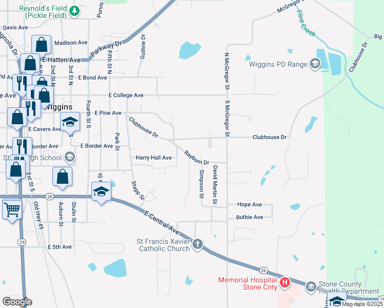 map of restaurants, bars, coffee shops, grocery stores, and more near 532 South McGregor Street in Wiggins