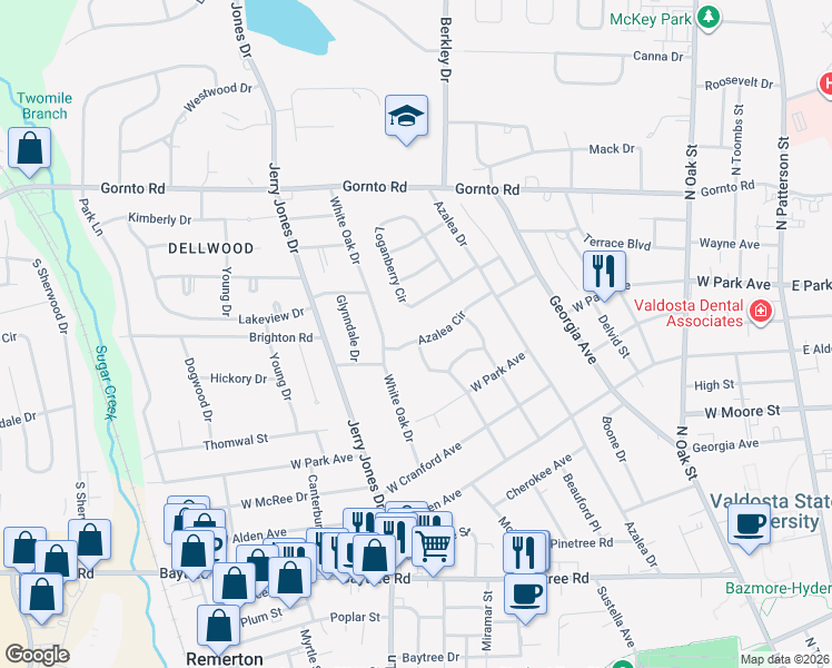 map of restaurants, bars, coffee shops, grocery stores, and more near 710 Azalea Circle in Valdosta
