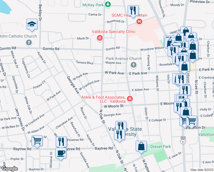 map of restaurants, bars, coffee shops, grocery stores, and more near 209 West Cranford Avenue in Valdosta
