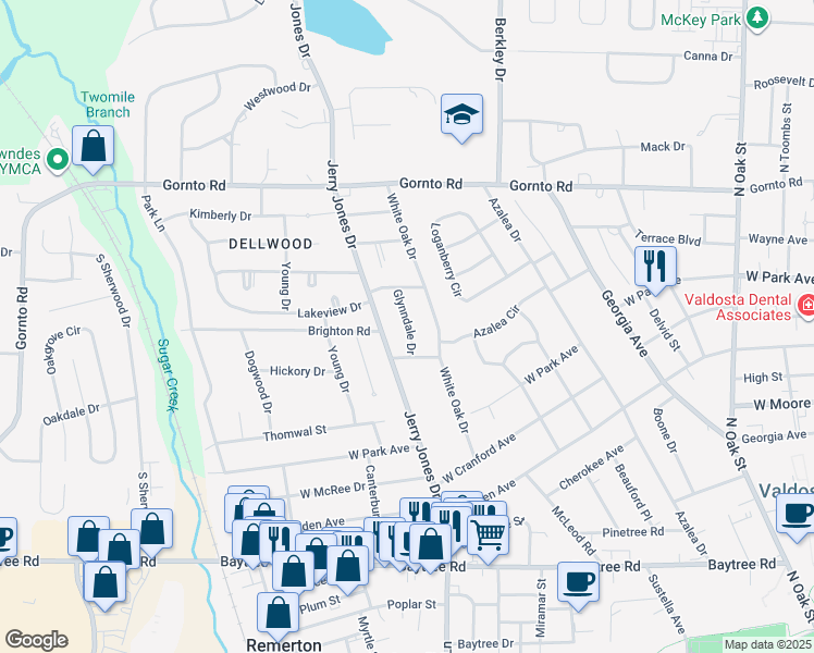 map of restaurants, bars, coffee shops, grocery stores, and more near 2204 Glynndale Drive in Valdosta