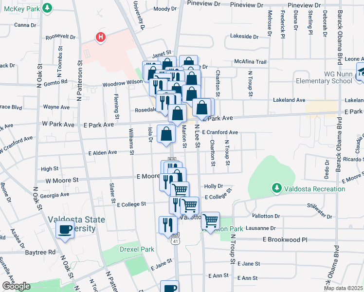 map of restaurants, bars, coffee shops, grocery stores, and more near 1804 Marion St in Valdosta