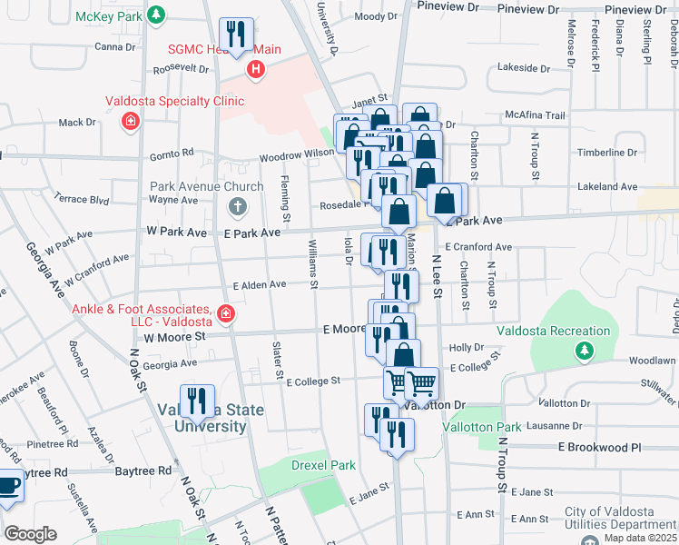 map of restaurants, bars, coffee shops, grocery stores, and more near 1816 Iola Drive in Valdosta