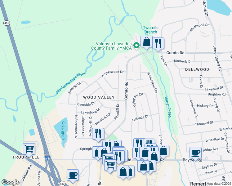 map of restaurants, bars, coffee shops, grocery stores, and more near 2204 Pinecliff Dr in Valdosta
