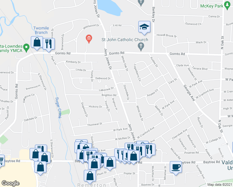 map of restaurants, bars, coffee shops, grocery stores, and more near 2208 Jerry Jones Drive in Valdosta