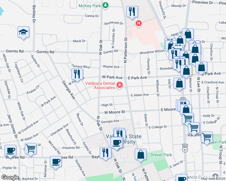 map of restaurants, bars, coffee shops, grocery stores, and more near 105 West Cranford Avenue in Valdosta