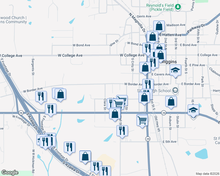 map of restaurants, bars, coffee shops, grocery stores, and more near 416 Howard Street in Wiggins