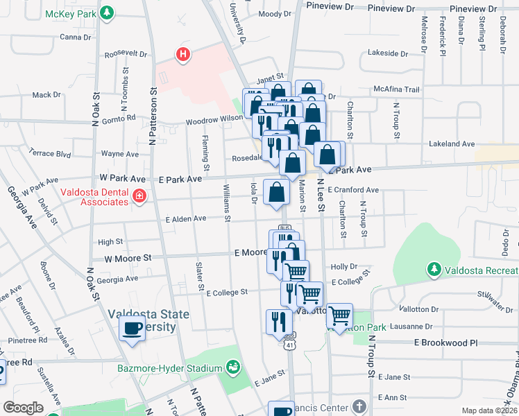 map of restaurants, bars, coffee shops, grocery stores, and more near 1807 Iola Drive in Valdosta