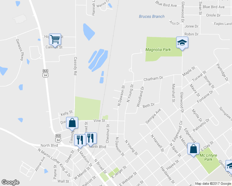 map of restaurants, bars, coffee shops, grocery stores, and more near 105 Ruby Street in Thomasville