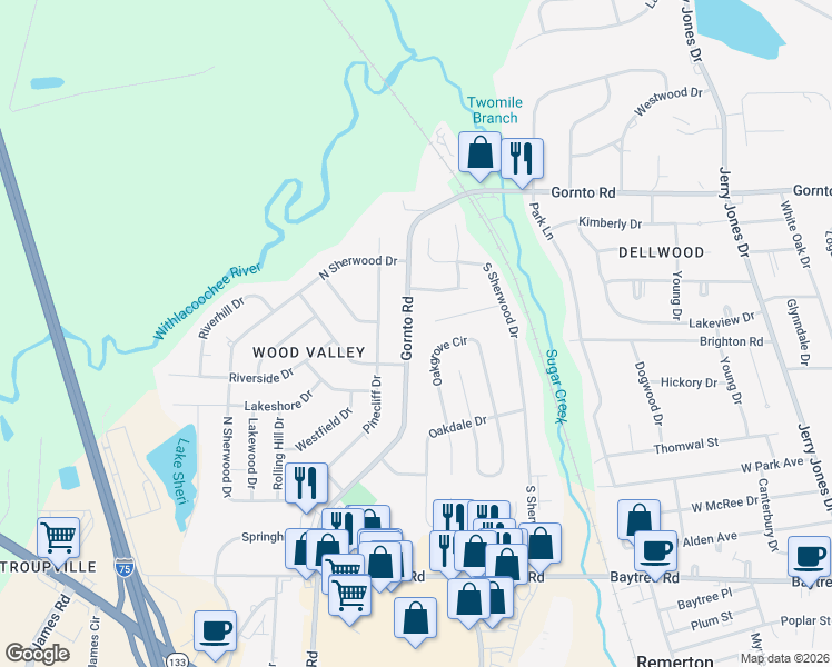 map of restaurants, bars, coffee shops, grocery stores, and more near 2205 Gornto Road in Valdosta
