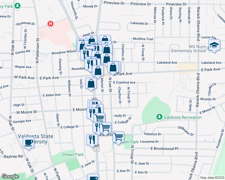 map of restaurants, bars, coffee shops, grocery stores, and more near 1805 North Lee Street in Valdosta