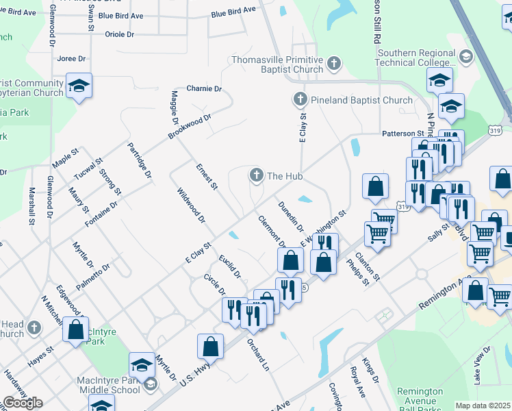map of restaurants, bars, coffee shops, grocery stores, and more near 1819 East Clay Street in Thomasville