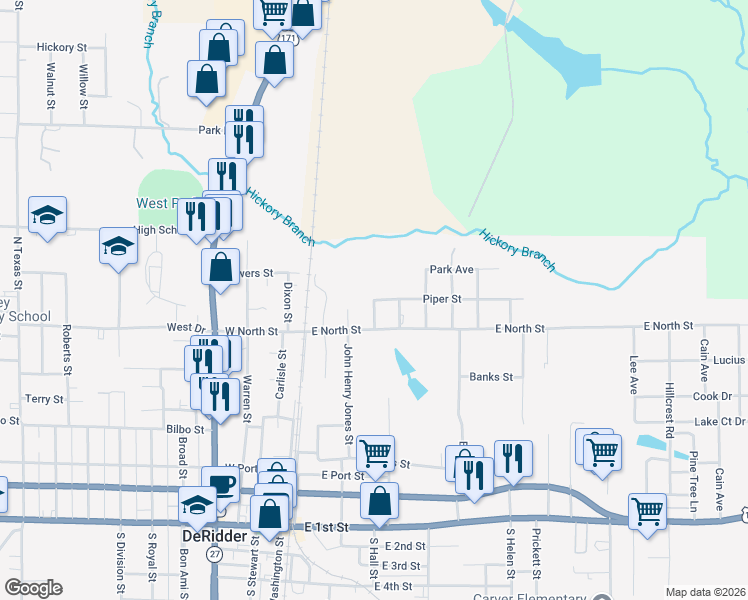 map of restaurants, bars, coffee shops, grocery stores, and more near 300 Piper Street in DeRidder
