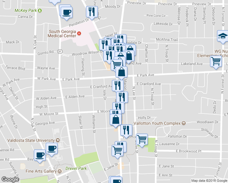 map of restaurants, bars, coffee shops, grocery stores, and more near 1808 North Ashley Street in Valdosta