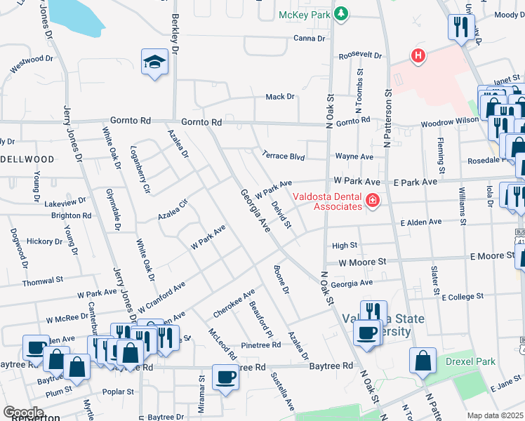 map of restaurants, bars, coffee shops, grocery stores, and more near 504 Georgia Avenue in Valdosta