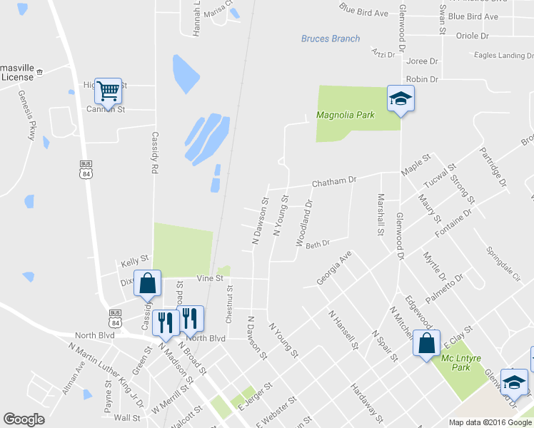 map of restaurants, bars, coffee shops, grocery stores, and more near 1406 North Dawson Street in Thomasville