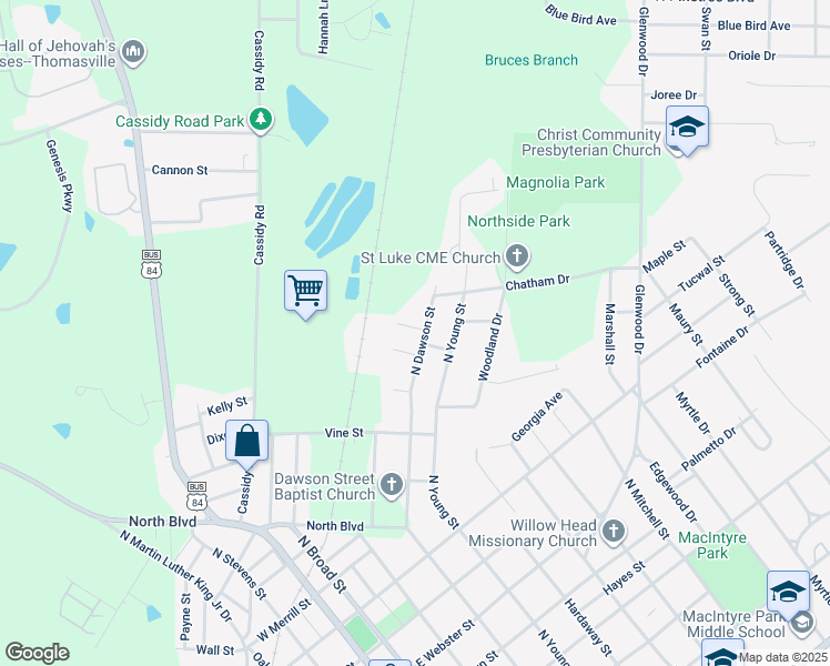 map of restaurants, bars, coffee shops, grocery stores, and more near 105 Ruby Street in Thomasville