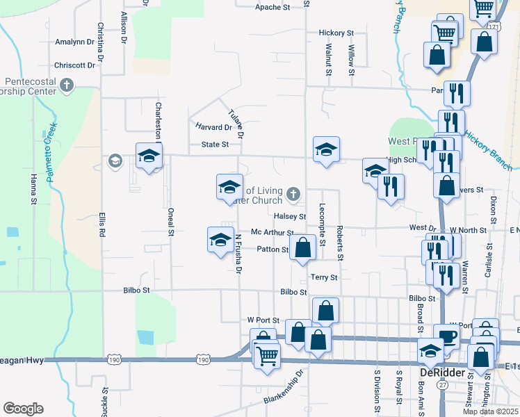 map of restaurants, bars, coffee shops, grocery stores, and more near 1099-1199 Halsey Street in DeRidder