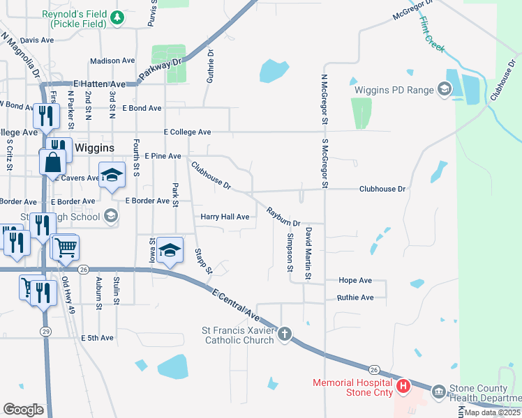 map of restaurants, bars, coffee shops, grocery stores, and more near 404 Harrison Street in Wiggins