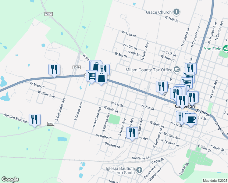 map of restaurants, bars, coffee shops, grocery stores, and more near 206 North Karnes Avenue in Cameron