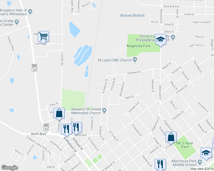map of restaurants, bars, coffee shops, grocery stores, and more near 1406 North Dawson Street in Thomasville