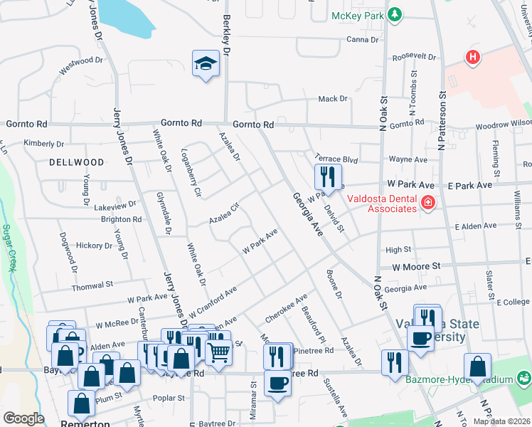 map of restaurants, bars, coffee shops, grocery stores, and more near 2106 Azalea Drive in Valdosta
