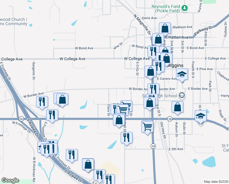 map of restaurants, bars, coffee shops, grocery stores, and more near 416 Howard Street in Wiggins