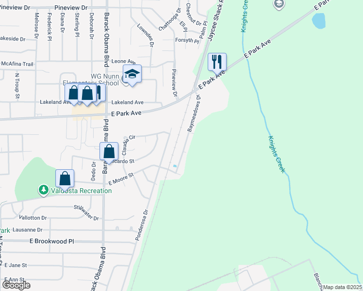 map of restaurants, bars, coffee shops, grocery stores, and more near 1402 Baymeadows Drive in Valdosta