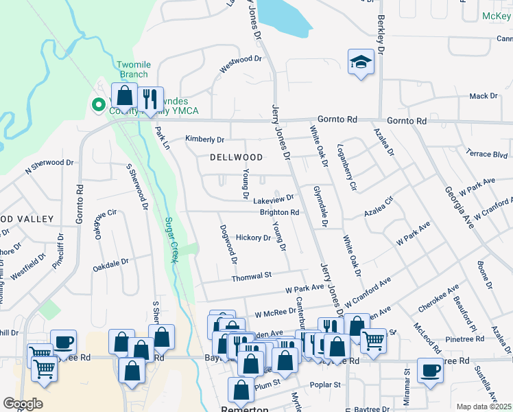 map of restaurants, bars, coffee shops, grocery stores, and more near 1205 Lakeview Drive in Valdosta