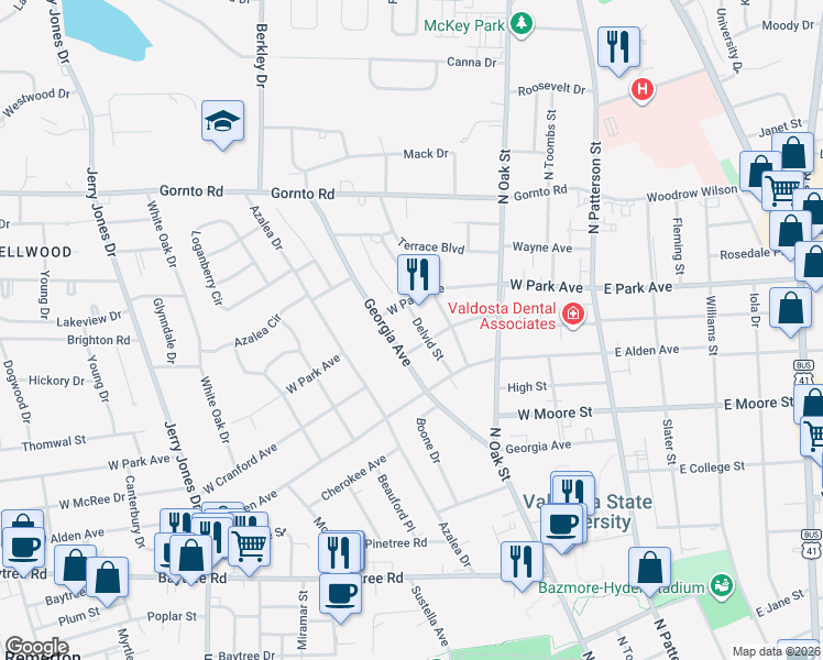 map of restaurants, bars, coffee shops, grocery stores, and more near 504 Georgia Avenue in Valdosta