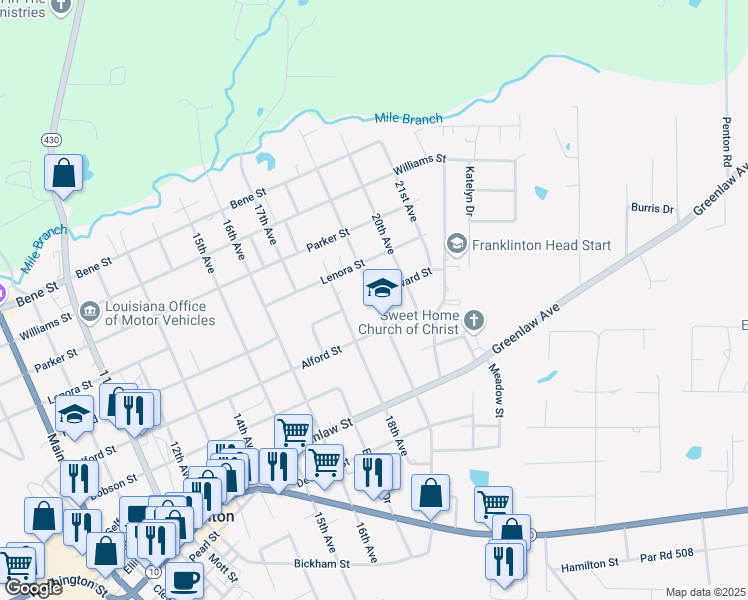 map of restaurants, bars, coffee shops, grocery stores, and more near 610 T W Barker Drive in Franklinton