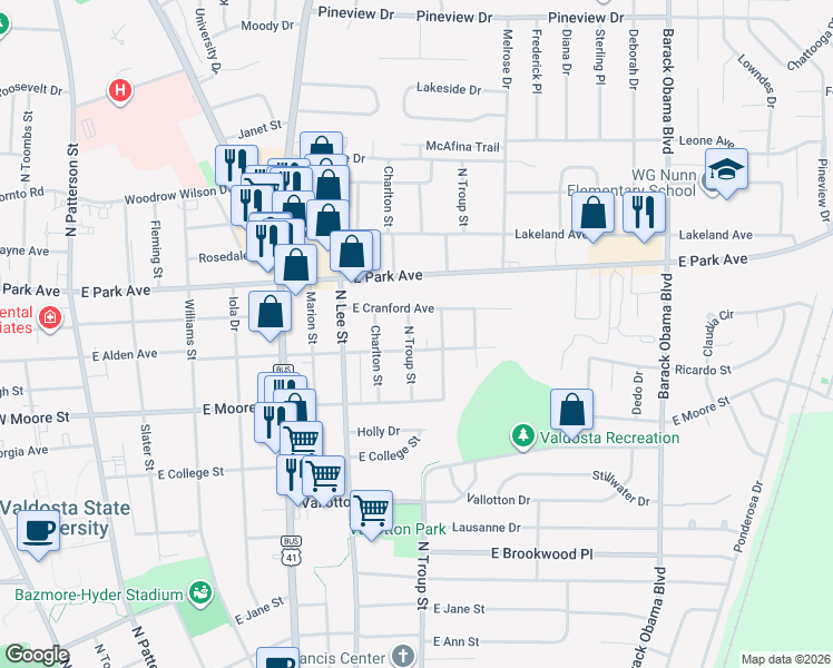 map of restaurants, bars, coffee shops, grocery stores, and more near 1805 North Troup Street in Valdosta