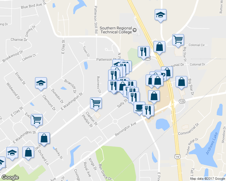 map of restaurants, bars, coffee shops, grocery stores, and more near 1524 East Jackson Street in Thomasville