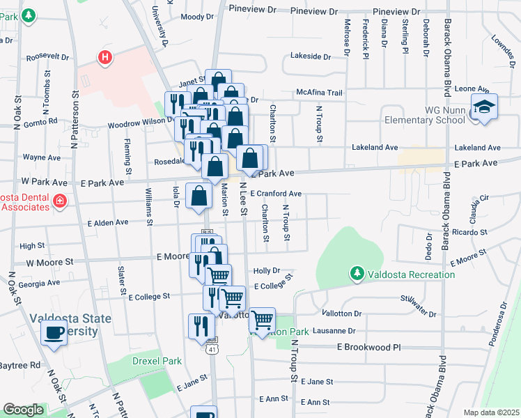 map of restaurants, bars, coffee shops, grocery stores, and more near 1806 Charlton Street in Valdosta