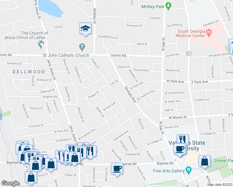 map of restaurants, bars, coffee shops, grocery stores, and more near 2105 Azalea Drive in Valdosta